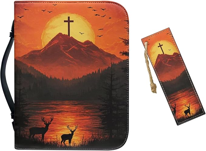 Bible Study Supplies Bible Cover for Men Cross Deer Sunset Print Leather Bible Cover case for Women Halloween Christmas Day or Christian Gifts for Women Church Bag(Holy Land Twilight)