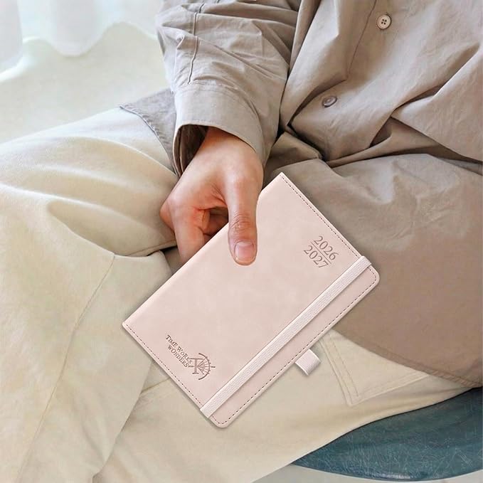 POPRUN 2026-2027 Pocket Planner (Size 4''x 6.25'') Weekly and Monthly Academic Calendar (JUL.26 - JUN.27) with Note Page and Monthly Tabs, Inner Pocket, Leather Soft Cover, 100 GSM - Lilac