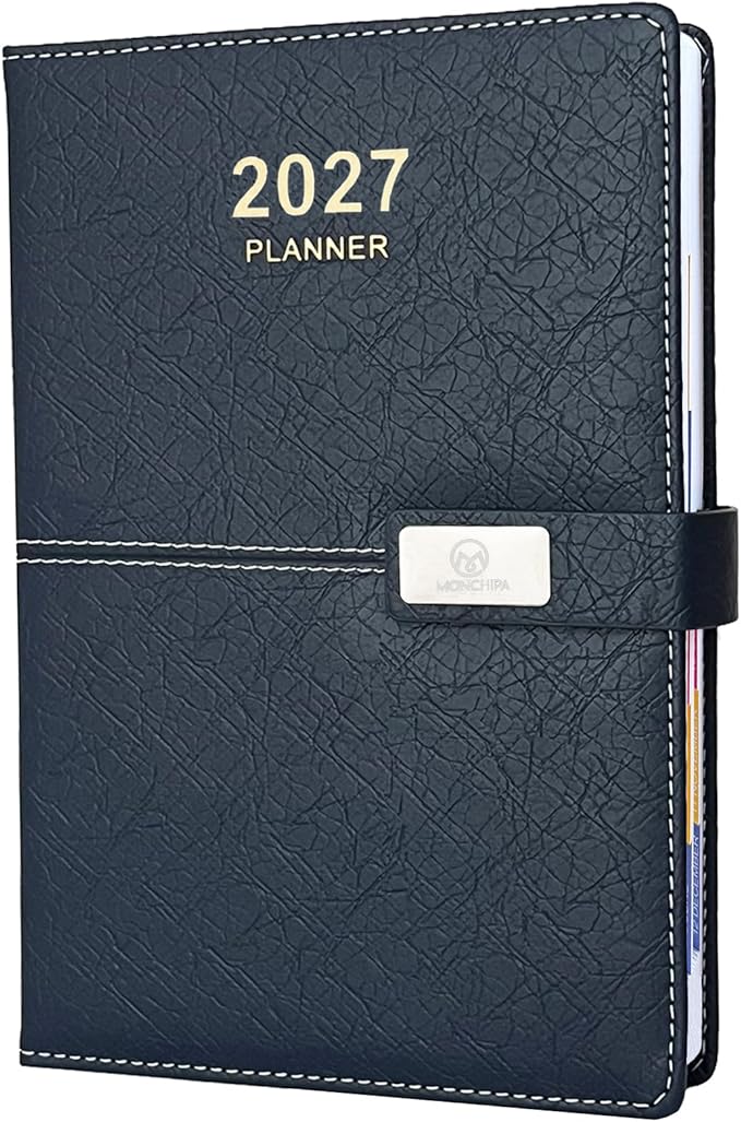 2027 Daily Planner - One Page per Day, 2027 Hourly Daily Calendar(Jan-Dec 2027), 5.7" x 8.26" Appointment Book, Leather Cover + Thick Paper (Navy Blue)
