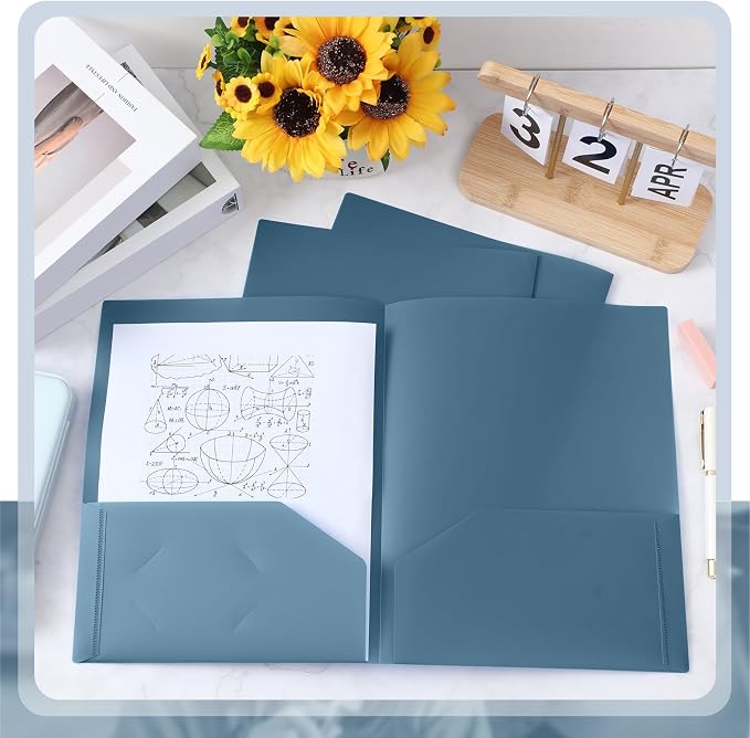 Gueevin 72 Pack Plastic Folder with Pockets, 2 Pocket Folders, Plastic Glossy Folders Fit Letter Size Paper, Heavy Duty Durable File Folder with Business Card for Home Office School (Blue Grey)