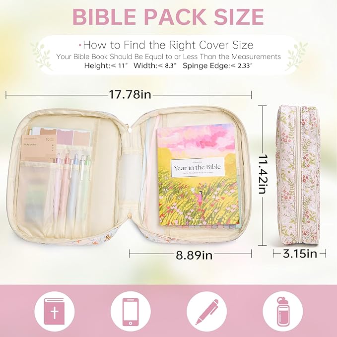 Bible Cover Case for Women Large Bible Cover with Durable Handle Quilted Bible Carrying Case for Girls Bible Study Supplies Accessories (Jungle Flowers, Jungle Flowers)