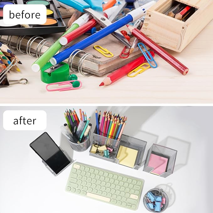 Desk Organizer for Office, 6 Pieces Mesh Desk Multi-functional Storage Set Office Supplies Accessories (Silver)