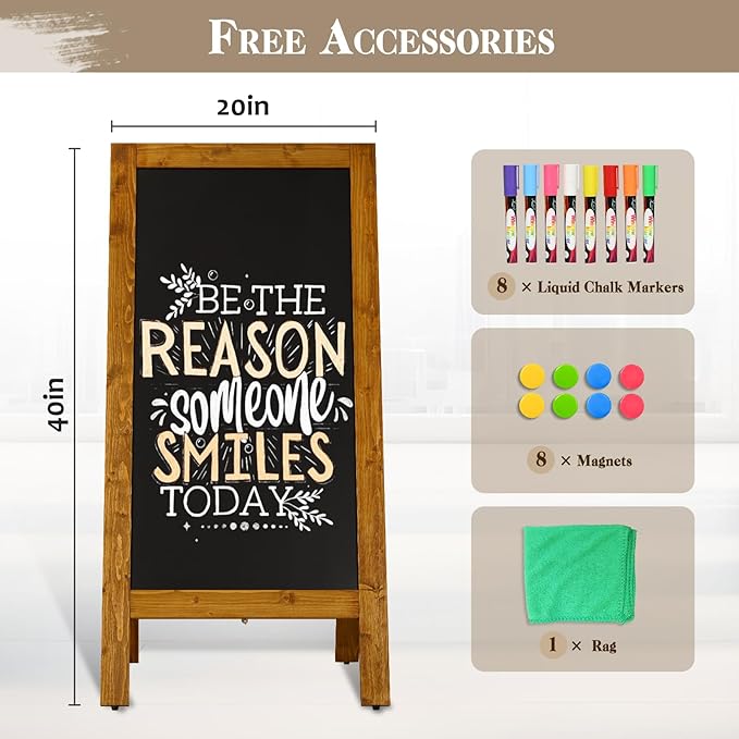Wooden A-Frame Sign, Magnetic 40" x 20" Yellowish-Brown Chalk Board Sign Board, Double-Sided Sandwich Board Signs Outdoor, Chalkboard Easel, Menu Board for Restaurant, Business or Wedding