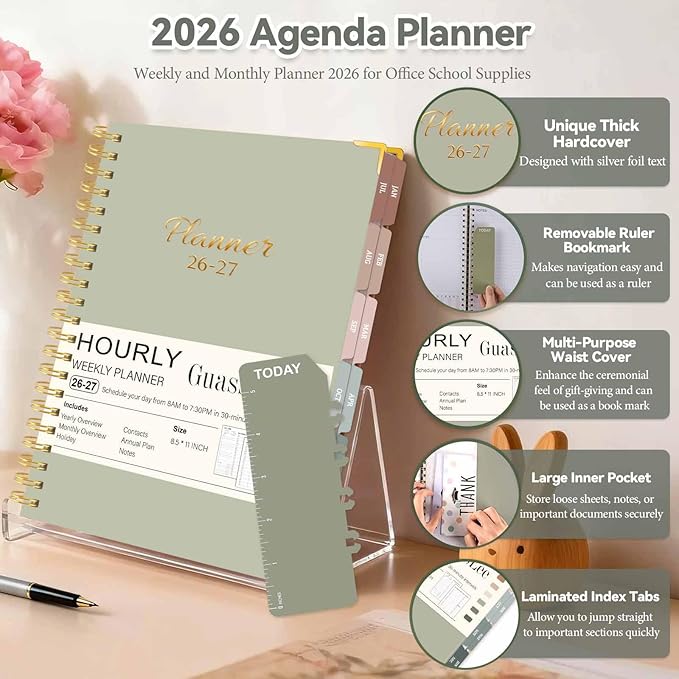 Large 2026-2027 Academic Planner, Weekly & Monthly Appointment Book from Jul. 2026 - Jun. 2027, Work & Life Daily Hourly Planner with Time Slots, A4 Agenda Organizer for School,Pastel Green,8.5" x 11"