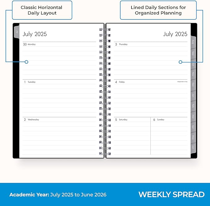 Blue Sky 2025-2026 Weekly and Monthly Academic Year Planner Calendar, July 2025 - June 2026, 5" x 8", Flexible Cover, Wirebound, Laminated Tabs, Enterprise