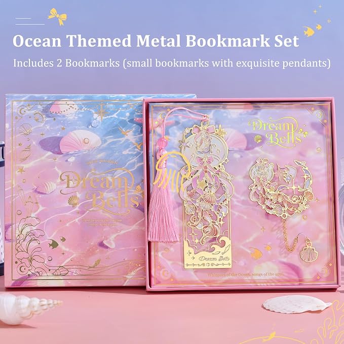 2 Pcs Metal Bookmark Gift Box, Golden Hollow Bookmarks Ocean Painting Theme Book Mark for Women, Book Lovers Writers Readers and Teens, Perfect for Birthday and Graduation Gifts(Pink)