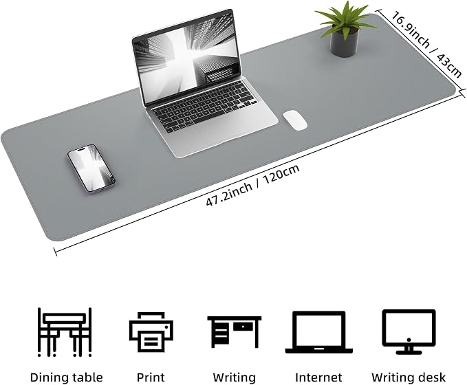 AFIING Leather Desk Pad Protector, 47" x 17" Large Desk Mat with Natural Cork & PU Leather, Mouse Pad, Non-Slip, Waterproof Desk Writing Pad for Office and Home (Light Gray)