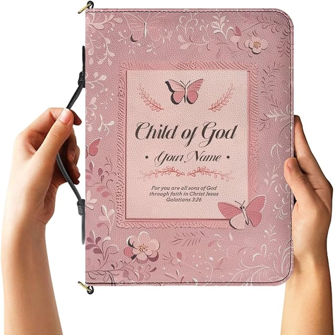 Personalized Bible Cover with Custom Name, Pink Bible Case with Strap and Handle, 3D Aesthetic Floral Print Book Organizer with Inner Pockets and Pen Loop, Biblia Study Supplies for Girls, XL