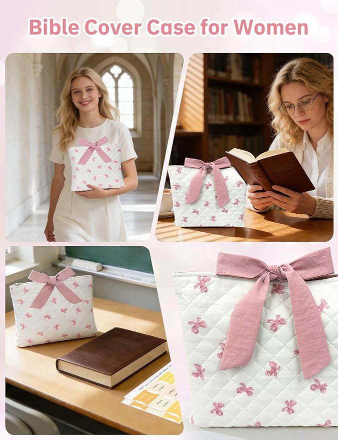 Bible Sleeve for Women Girls - Hand Carry Large Bible Cover with Pink Lace - Washable Padded Bible Case with Bible Study Supplies- Christian Gift for Women Girls Friends