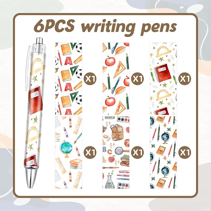 6PCS Back To School Pattern Pens Set, Reusable Writing Pens, Cute Accessories Items Stationary, Perfect for School, Office Supplies, Party Gifts, Theme Notebooks, Sticky Notes, Desk Decor