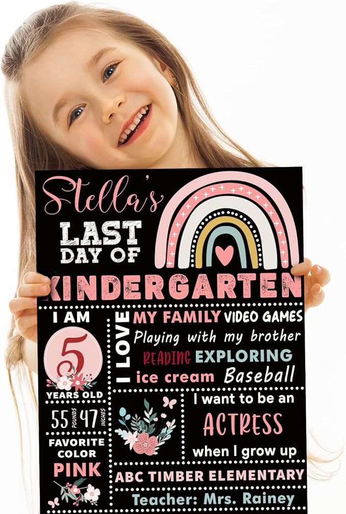 Whaline First and Last Day of School Chalkboard Cute Double-Sided Board Sign Back to School Boho Rainbow Flower Reusable Erasable Photo Prop for Students from Pre-K to College, 13.8 x 9.8 Inch