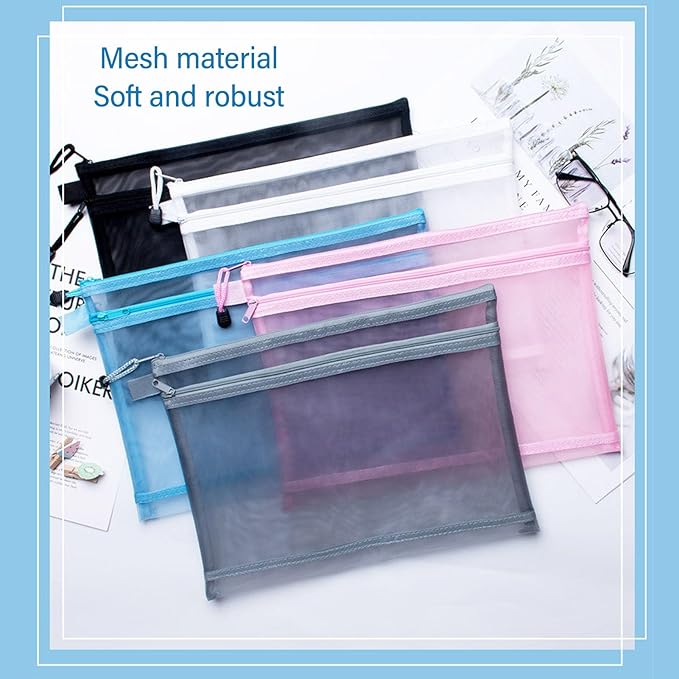 10PCS Nylon Mesh Zipper Pouch Bags, Double Layer A4 Document Organizer Puzzle Storage Bag with Handle for Board Games Home School Office Supplies (Pinkish)