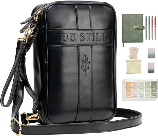 Bible Cover Case for Women, Vegan Leather Bible Carrying Case with Strap and Zipper, Bible Study Kit with Journal, Pens, Tabs and Sticky Notes, Large Bible Bag for Church, Ideal Gift (Black)
