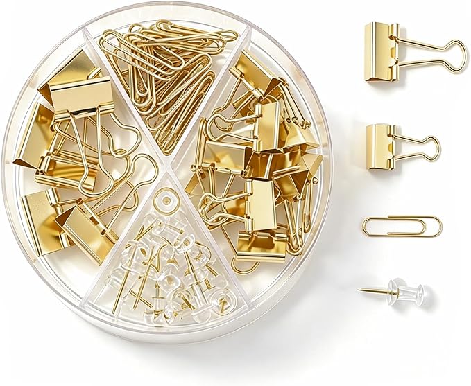 4-in-1 Office Supplies Kit, Assorted Desk Accessories Organizer Set with Binder Clips, Paper Clips & Push Pins, Aesthetic Stationery Fasteners for School College Dorm Home Office Decor - Gold