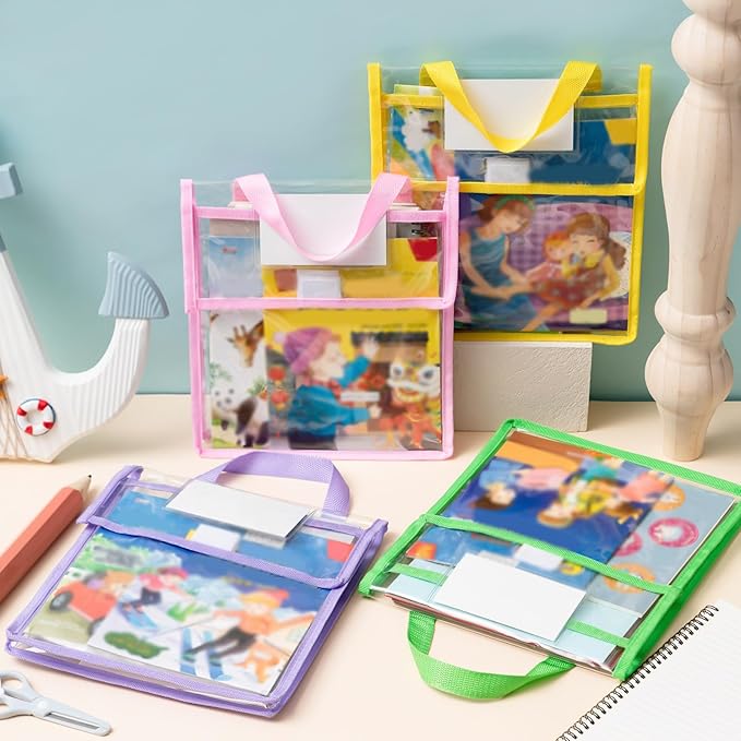 Teling 12 Pack Thick Clear Book Pouches with Blank Name Tags and Handles Book Baggies Bags Bins Organizer for School Classroom Library Pockets Students (10 x 12 Inch,Vivid Colors)