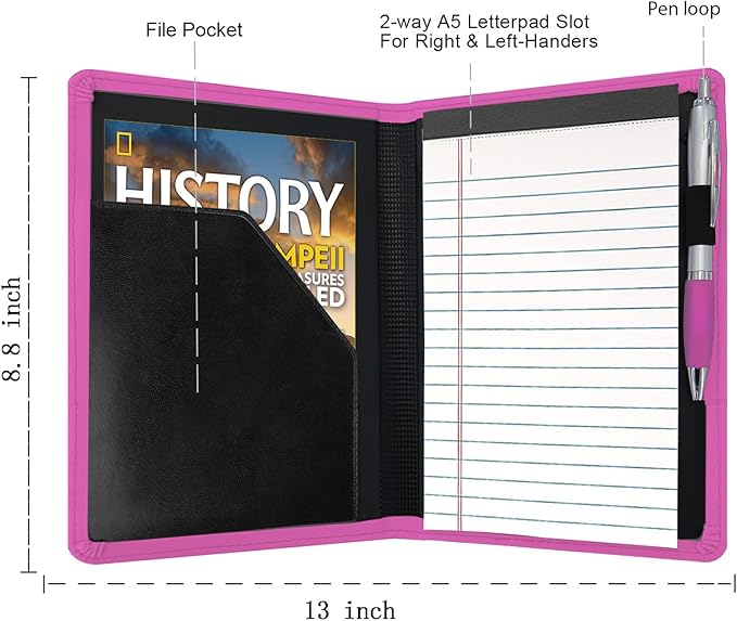Classic Padfolio/Junior Portfolio Folder Case, Business A5 Binder Organizer Notepad for Men Women, 5 x 8 Writing Pad Included, Rose Red