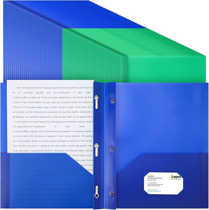 Cholemy 72 Packs Pocket Folders with Prongs Heavy Duty Plastic Folder with Business Card Slot 3 Prong Fasteners for School Office (Blue,Green)