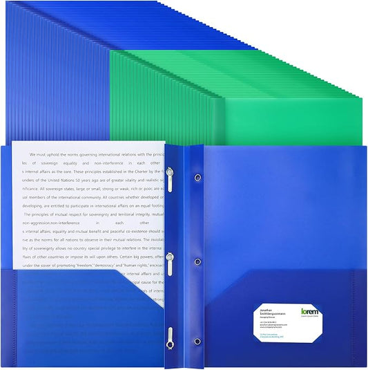 Cholemy 72 Packs Pocket Folders with Prongs Heavy Duty Plastic Folder with Business Card Slot 3 Prong Fasteners for School Office (Blue,Green)
