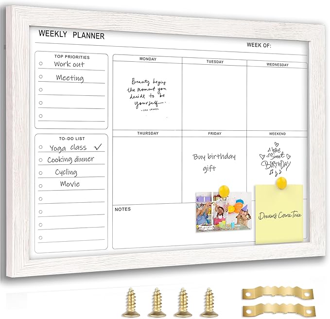 White Board Weekly Calendar Dry Erase Planner for Wall-16"X12",White Solid Wood Frame,Minimal/Modern Design, Magnetic Whiteboard Planner for to Do List, Memo, School, Home, Office, Kitchen