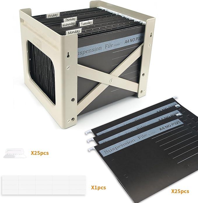 25 Pack Hanging File Folder, A4 Suspension Files Holder, Filing Cabinet Suspension File with Tab and Label for School Home Office, Black