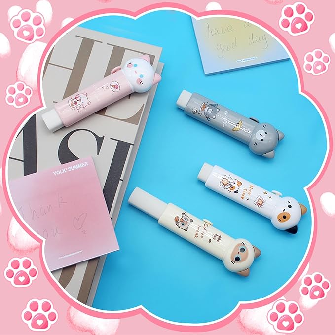 Benvo 4 Pcs Sliding Retractable Pencil Erasers with Cute Cat Plastic Sleeve Kawaii Erasers for School Home Office Clean Erase Rubber(4 Colors)