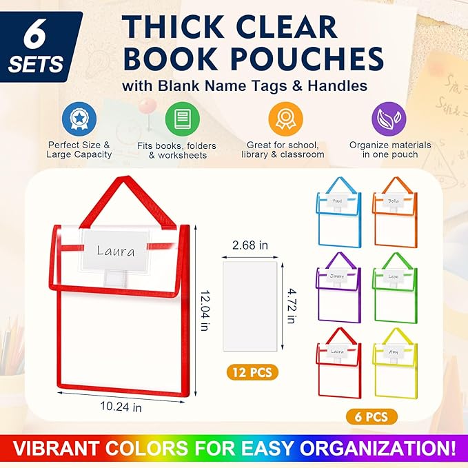 Teling 6 Pack Thick Clear Book Pouches with Blank Name Tags and Handles Book Baggies Bags Bins Organizer for School Classroom Library Pockets Students (10 x 12 Inch,Bright Color)