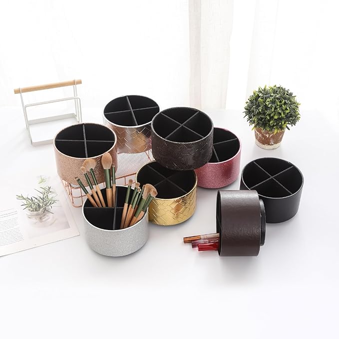 Coffee Table Remote Holder,PU Leather 360 Degree Rotating TV Remote Holder For Table with 4 Compartments, Office Desk Organizer for Pen, Pencil, Stationary, Brown PH97
