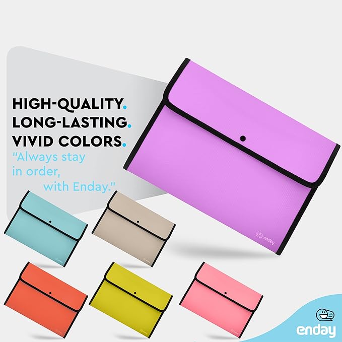 Enday Square Flap Plastic File Holder, Purple, A4 Letter Size, Reusable, Snap Closure, 13" x 9.4"
