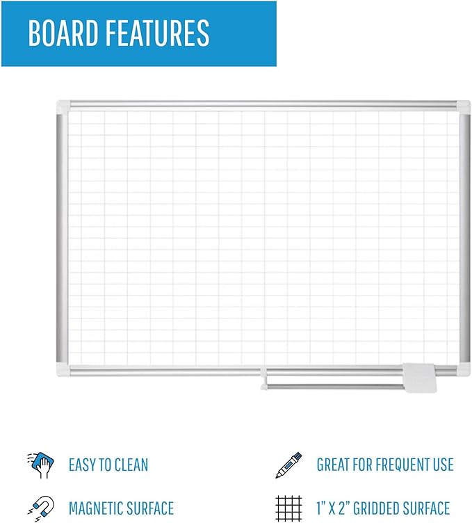MasterVision Magentic Dry Erase Planning White Board, 1" x 2" Grid, Laquered Steel Surface, Sliding Marker Tray, 36" x 48", Aluminum Frame, Silver (MA0592830)