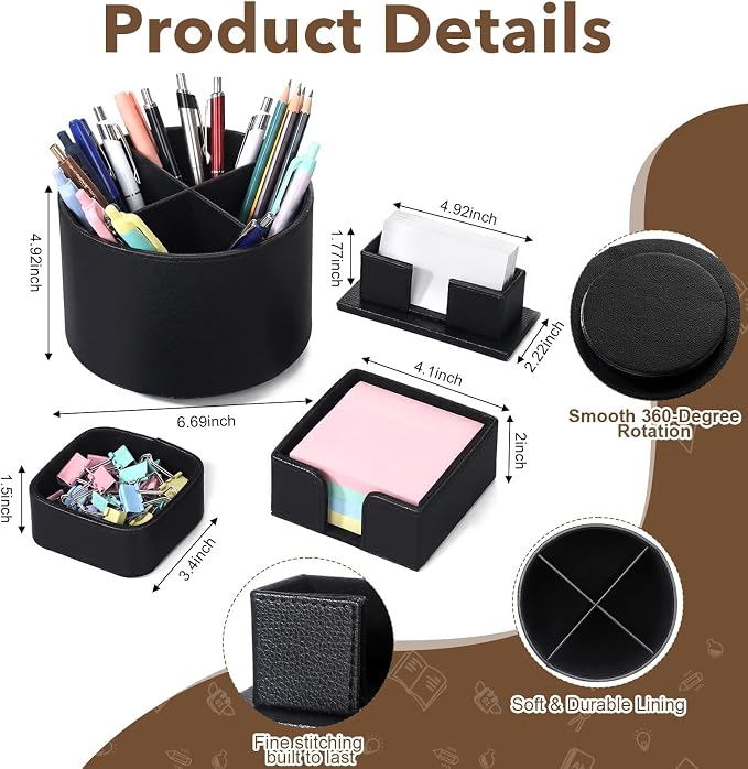 4 Pcs Rotating Leather Pen Holder Organizer Office Desk Accessories Set with Business Card Sticky Note Holder Paperclip Storage Desktop Storage Supply for Teacher Back to School Gift (Black)