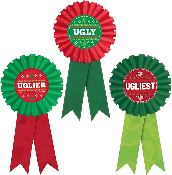 Festive Green & Red Ugly Sweater Contest Award Ribbon -3" x 6" (Set of 3) - Show-Stopping Ribbons - Perfect for Unforgettable Holiday Party Fun & Recognition