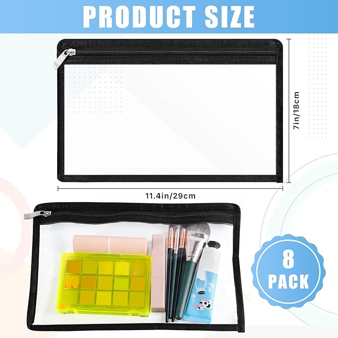 8 Pcs Clear Zipper Pouches, Clear Pencil Pouch,PVC Waterproof Makeup Pouch Envelopes Folder Storage,Document File Organization Bags for Home Office Supplies(7 x 11.4inch)