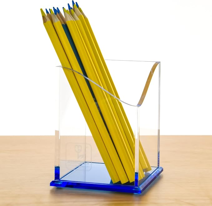 Blue Acrylic Pencil Pen Holder Cup, Desk Accessories Holder,Makeup Brush Storage Organizer, Modern Design Desktop Stationery Organizer for Office School Home Supplies, 3.1x 3.1x 4.3 inch