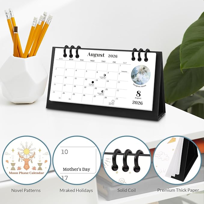 KONVINIT Small Desk Calendar 2026-2027, 6.3" x 3.1", Moon Phase 2026 Desk Calendar - Runs From January 2026 Until December 2027, 24 Months Mini Desktop Calendar for School, Home and Office Supplies