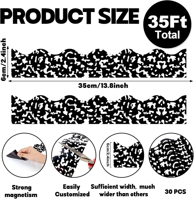 30 Pcs Composition Bulletin Board Borders 35 Ft Scalloped Magnetic Border Strip Black and White Wavy Polka Dots Magnetic Bulletin Board Decorations for Classroom Office & Activity Room Accessories