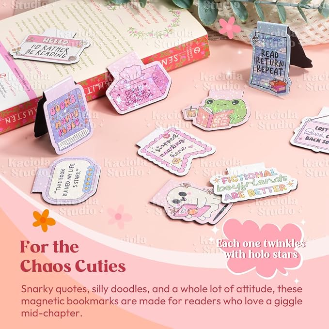Kaciola Studio 12PCS Glittery Magnetic Bookmarks, Funny Cute Book Marks for Book Lovers Gifts, Bookmark Accessories for Women Teachers Students School Office Home Supplies (Funny)