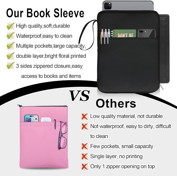 Black Book Sleeve Kindle Pouch, Book Protector Case with Zipper, PU Leather Waterproof Book Cover Bag, Portable Book Pouch for Book Lovers Gifts Paperbacks Bibles Hardcover