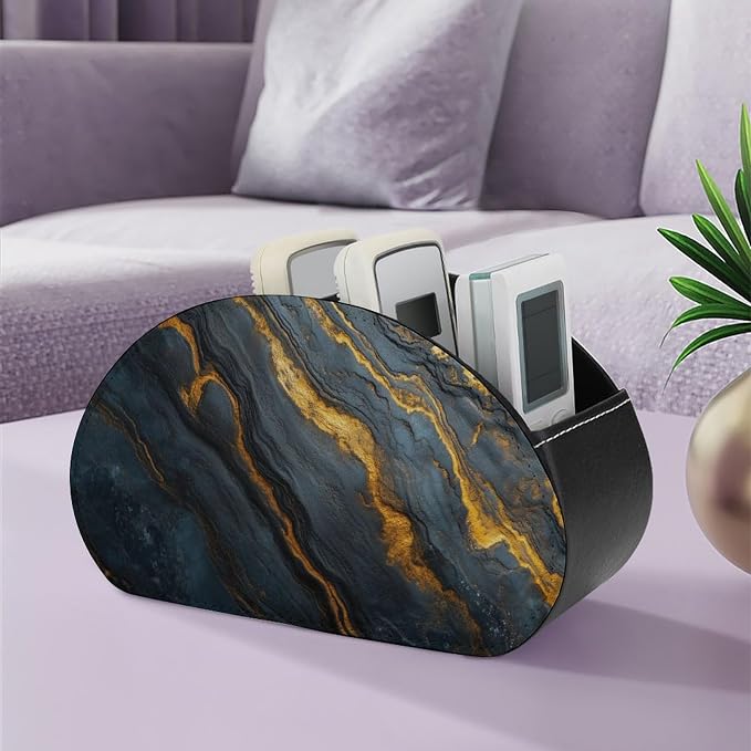 Black Glossy Marble Remote Control Holder with 5 Compartments Leather TV Remote Caddy Remote Storage Box Desktop Organizer for Pen/TV Remotes/Media Controllers/Office Supplies
