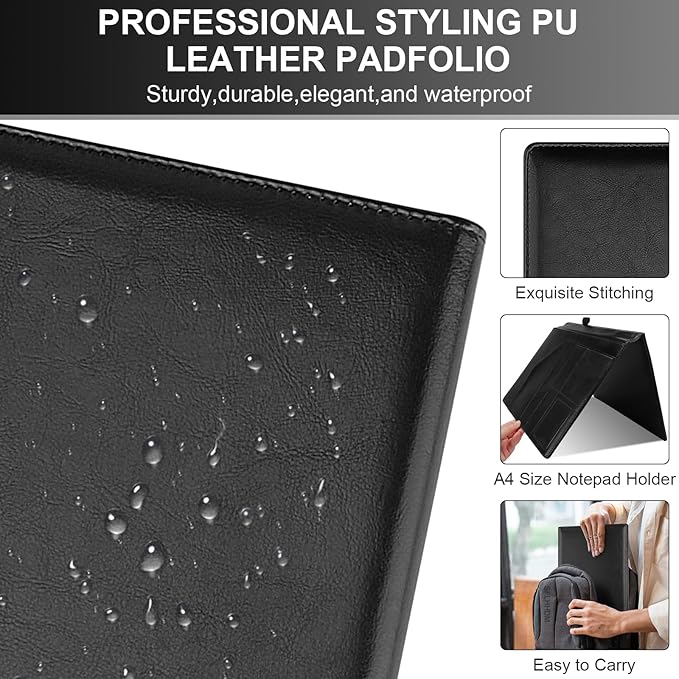 Clipboard Padfolio with Storage Pocket,Clipboard Folder Portfolio Organizer,360 Degree Foldable Clipboards with Refillable Notepad,Faux Leather Padfolio Organizer for Office School Supplies-Dark Black