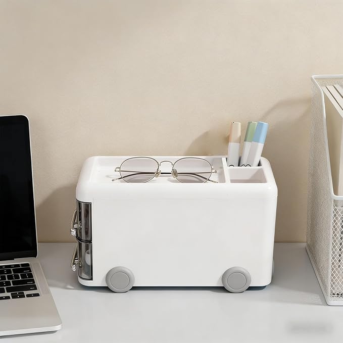 Cute Desk Organizer with drawers, Desktop Storage Box Drawer Type Stationery Organizer Cute Cartoon Pen Holder for Classroom Dormitory Home (White)