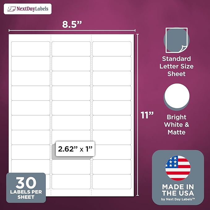 NextDayLabels 2.63x1 Inch Rectangle Stickers White Blank Labels for Laser Inkjet Printer - 30 Per Sheet Self-Adhesive Address Mailing Name Tags Made in USA - 750 Labels