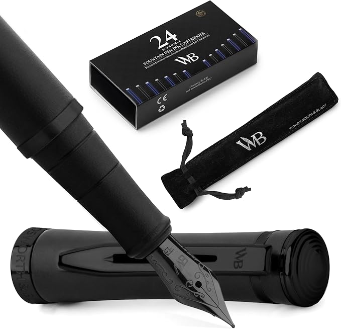 Wordsworth & Black Fountain Pen Set, 18K Gilded Extra Fine Nib, Includes 24 Pack Ink Cartridges, A Refill Converter & Gift Pouch, Calligraphy, [All Black], Perfect for Men & Women
