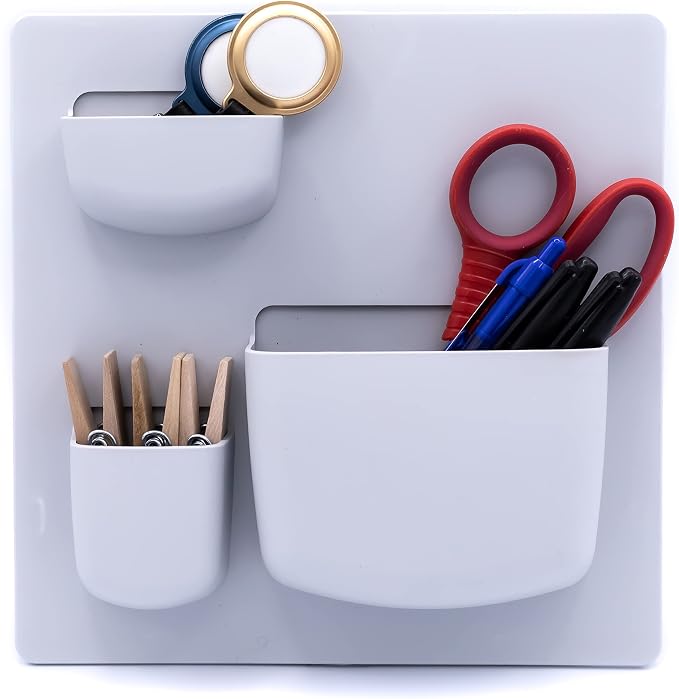 Modern Grey Wall Desk Organizer - 2 Parts, 6 Organizer Pockets, and Adhesive Holder Shelves for Easy Storage of Small Things at Home or Office. Wall Organizer Easy to Install in Ligth Grey to Decor