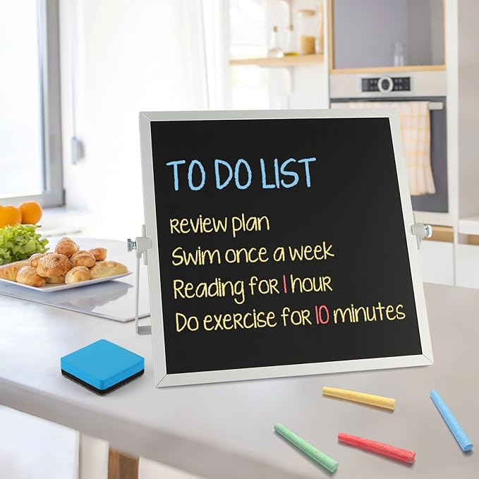 Small Magnetic Chalk Board Easel 10"X10", Double-Sided Tabletop & Wall Hanging Chalkboard with 4 Chalks & Eraser, Desktop Mini Black Board Sign for Office Desk Home Menu and School