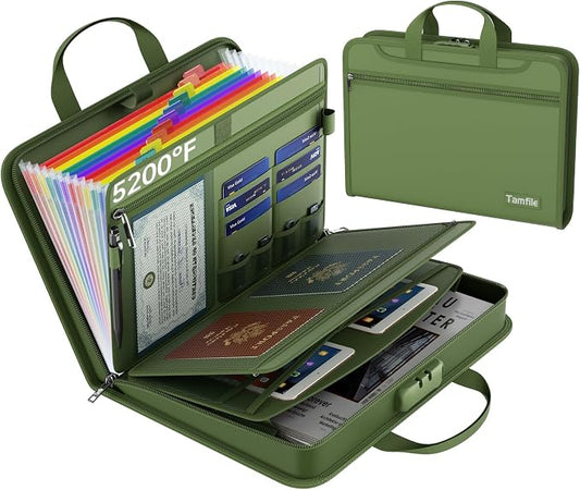 Fireproof Accordion File Organizer with Lock, 5200℉ Document Organizer | Thickened, 13 Colorful Pocket, with Zipper & Labels, Important Document Organizer, Expanding File Folder, with Handle, Black