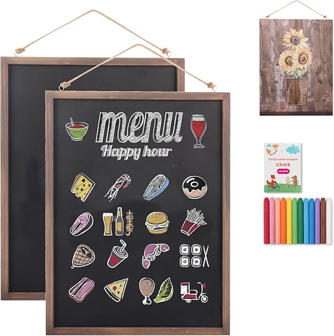 SELEAD 2-Pack Solid Wood Frame Chalkboard Signs with Dustless Chalk - 12"x16" Small Wall Hanging Chalk Board, Double-sided Message Menu Board + Rustic Sunflower Art Decor for Business, Home, Farmhouse