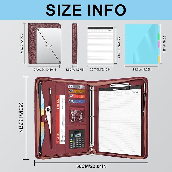 Eshow Portfolio Organizer - 3 Ring Binder with Zipper, Vegan Leather Business Padfolio Folder with Notepad Includes 5 Color Sheet Protectors for Documents Files for Men Women