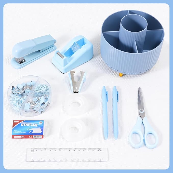 Gawsey Blue Desk Organizers and Accessories with Desk Organizer 360° Rotating Pen Holder and Office Supplies, Cute Stationery Supplies Set