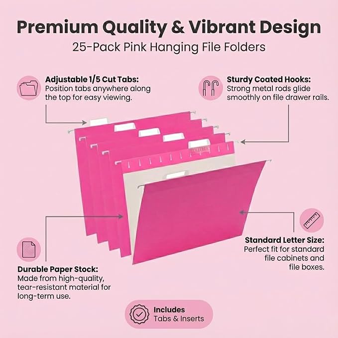 VZCPYTPM 25 Pack Hanging File Folders Letter Size,Pink Reliable Hanging Folders for Filing Cabinet,Reinforced Rods for Smooth Gliding,Includes 1/5 Adjustable Tabs & Inserts,Ideal for Home & Office