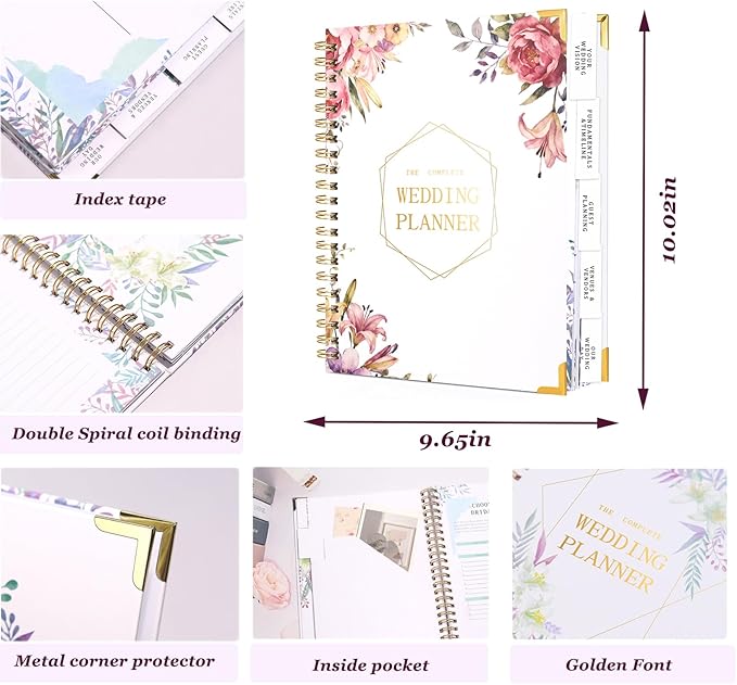 Spiral Wedding Planner Niotebook with Countdown Calendar, Beautiful Boho Wedding Planner Book and Organizer with Guiding Tab, Bridal Planning Binder (Peony)